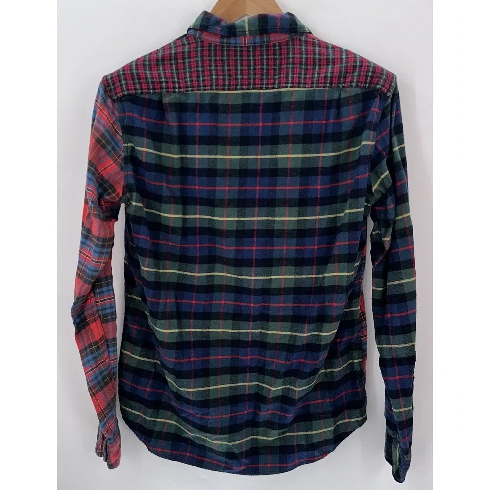 J Crew Mens Medium Patchwork Plaid Tartan Flannel Button Up‎ Long Sleeve Pocket